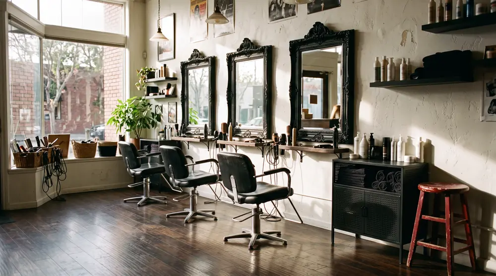 Sal&oacute;n de peluquer&iacute;a con suelo de nogal oscuro, tres sillones negros frente a espejos de marco barroco negro sobre una pared de estuco blanco, y un taburete rojo