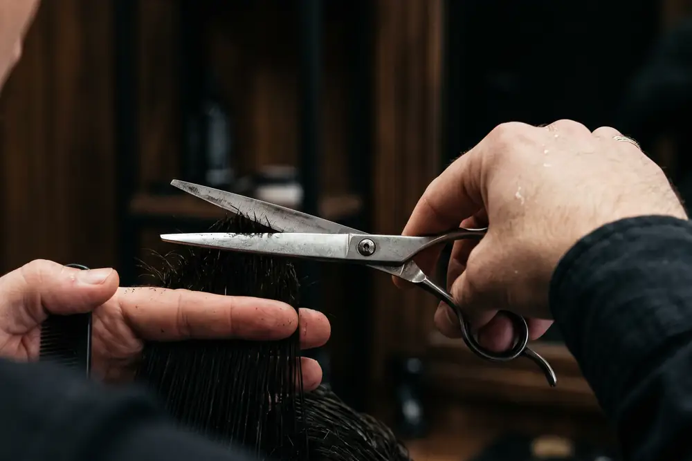 Tijeras de peluquer&iacute;a cortando un mecho&oacute;n de pelo oscuro, con el peine sujetando la secci&oacute;n