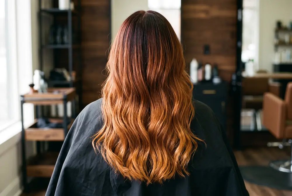Melena larga vista desde atr&aacute;s con balayage cobrizo que va de la ra&iacute;z oscura a las puntas claras